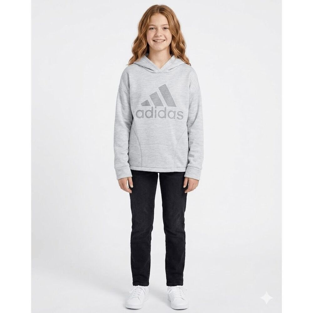 Adidas Girl’s Grey Heather Performance Logo Hoodie - Youth Size Large (14))